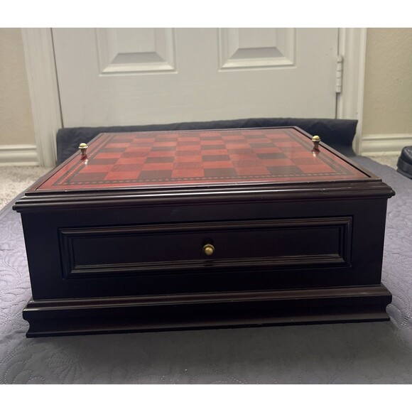 The BOMBAY Company Deluxe Game Checkers Backgammon Chess Wooden Box Set 16x16x7 - Picture 1 of 11